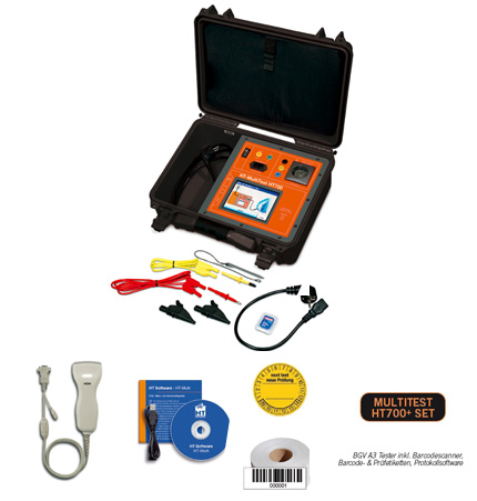 HT-Instruments MultiTest HT700+ SetBGV A3 Tester inkl. Barcodescanner, Barcode- & Prüfetiketten